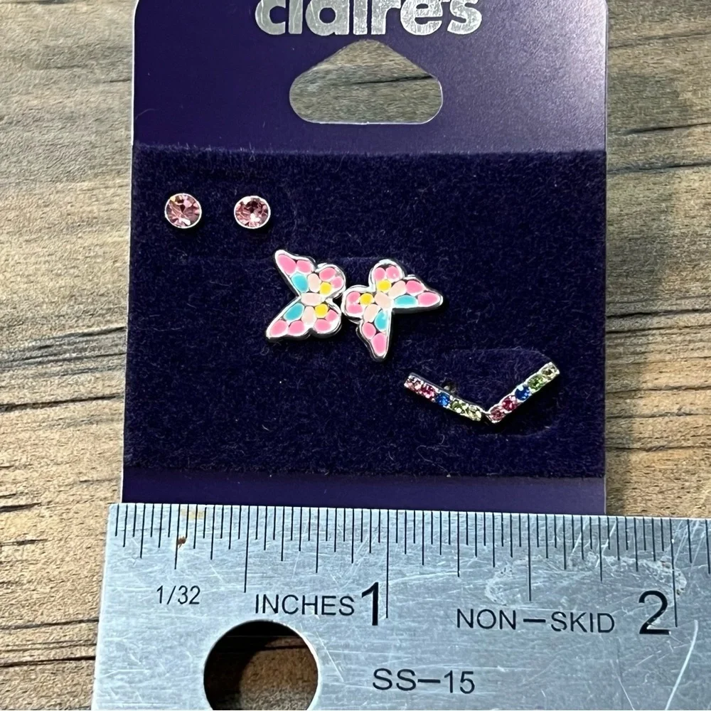 NEW Claire's Sterling Silver Unicorn Butterfly & Gemstone Stud Earring Set Kids‎